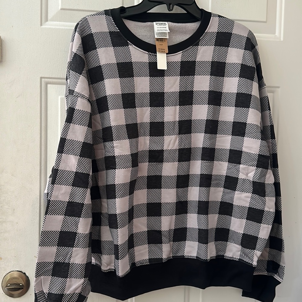 VICTORIA’S SECRET PINK LILAC/BLACK CHECKERED/PLAID CREWNECK SWEATSHIRT:NWT: SZ S